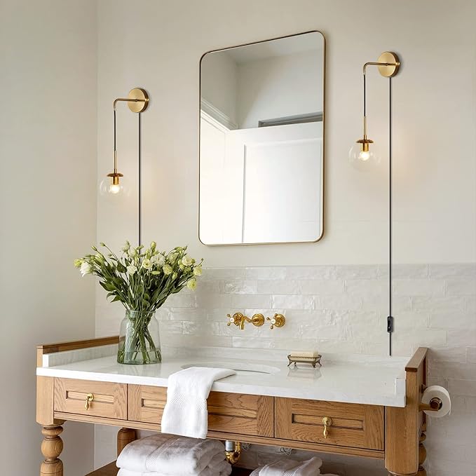 KCO Modern Globe Wall Sconce with Plug in Industrial Vintage Wall Lamp On/Off Switch Minimalist 1-Light Mounted Lamps for Bedroom Living Room Corridor (Clear & 2-Pack)