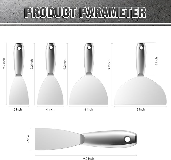 Fishark Putty Knife, 5 Pcs Putty Knife Set, 2" 3" 4" 6" 8" Stainless Steel Scraper, Spackle Knife, Wallpaper Scraper Paint Scraper Tool for Drywall Repair, Removing Wallpaper, Mud, Applying Plaster