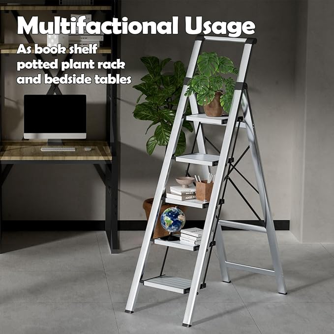 Taranta 5 Step Ladder, Portable Folding Ladder with Wide Pedal, Lightweight Aluminum Step Stool with Convenient Handgrip, 330 lbs Capacity Stepladder for Home, Office - Silver