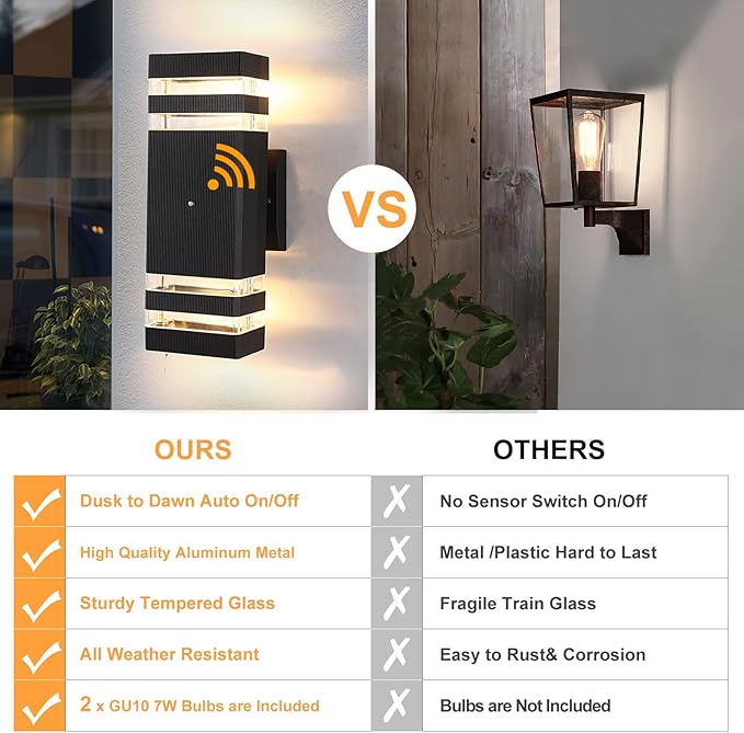 Dusk to Dawn Outdoor Lighting, LED Wall Sconce Sensor Waterproof Porch Lights 14W Black Exterior Up and Down Light Fixture for Porch Hallway Patio Garden Corridor