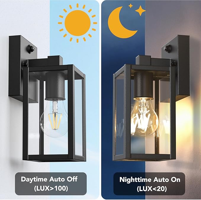 PARTPHONER Dusk to Dawn Outdoor Light Fixtures, 2-Pack Sensor Porch Lights, Waterproof Exterior Wall Sconce Lighting Lamp, Waterproof Wall Lantern for House, Doorway, Garage (Black)
