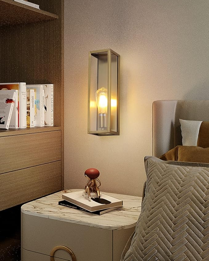 Outdoor Light Fixture, Exterior Wall Sconce, Brushed Brass Frame Wall Light with Clear Glass Shade for Porch, Garage, Patio, Doorway, Hallway