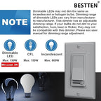 BESTTEN 2 Pack Dimmer Wall Light Switch, Compatible with Dimmable LED, CFL, Incandescent and Halogen Bulb, Single Pole or 3-Way Dimmer Switches, 120VAC, Decorator Wall Plate Included, Gray, UL Listed