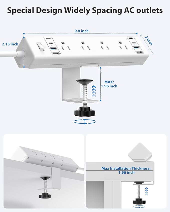 40W Fast Charging Station,Desk Clamp Power Strip 20W USB C,8 Outlets,8 USB Ports,4 USB C and 4 USB A, Office Furniture Surge Protector, 14AWG Cord, Fits 1.9" Tabletop Edge (White, 10FT Length)