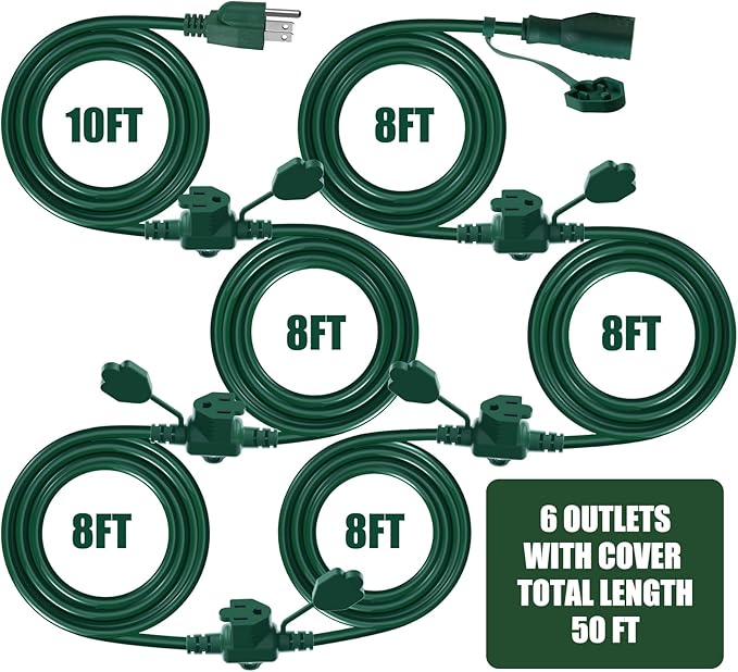 50Ft Outdoor Extension Cord Multiple Plugs- Evenly Spaced 6 Outlets Plugs with Safety Cover, 16/3 SJTW Green Outdoor Extension Cord for Landscape, Christmas Tree Lights, Holiday, ETL Listed