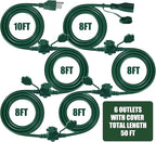 50Ft Outdoor Extension Cord Multiple Plugs- Evenly Spaced 6 Outlets Plugs with Safety Cover, 16/3 SJTW Green Outdoor Extension Cord for Landscape, Christmas Tree Lights, Holiday, ETL Listed