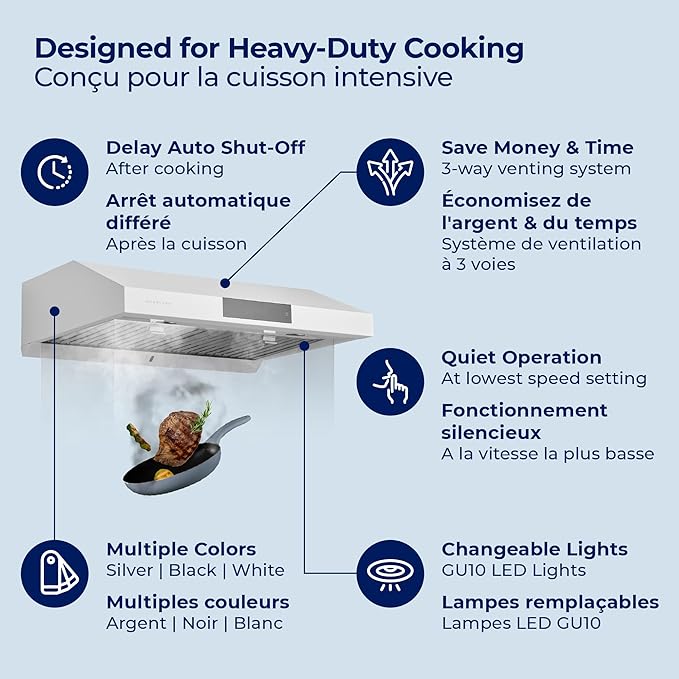 Hauslane Range Hood 30 Inch Under Cabinet Range Hood Black Stainless Steel Hood Vent Hood 30 Inches, Stove Vent Hood for Kitchen, Kitchen Vent Hoods 30 Inch with LED Chef Series PS18