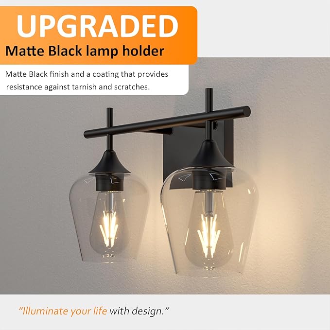 Vanity Bathroom Light, 2-Light Bathroom Light Fixtures Over Mirror, Black Vanity Lights for Bathroom with Clear Glass, Modern Wall Lamp for Cabinet Hallway, Bedroom