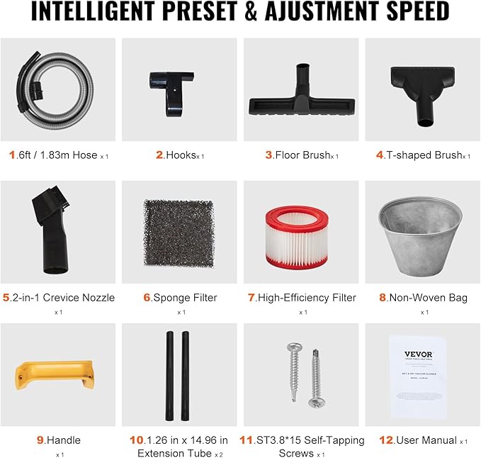 VEVOR Stainless Steel Shop Vac Wet and Dry Vacuum Cleaner 5.5 Gallon 6 Peak HP - Powerful Suction with Blower Function & Attachments 2-in-1 Crevice Nozzle - Perfect for Car Carpet Debris Pet Hair