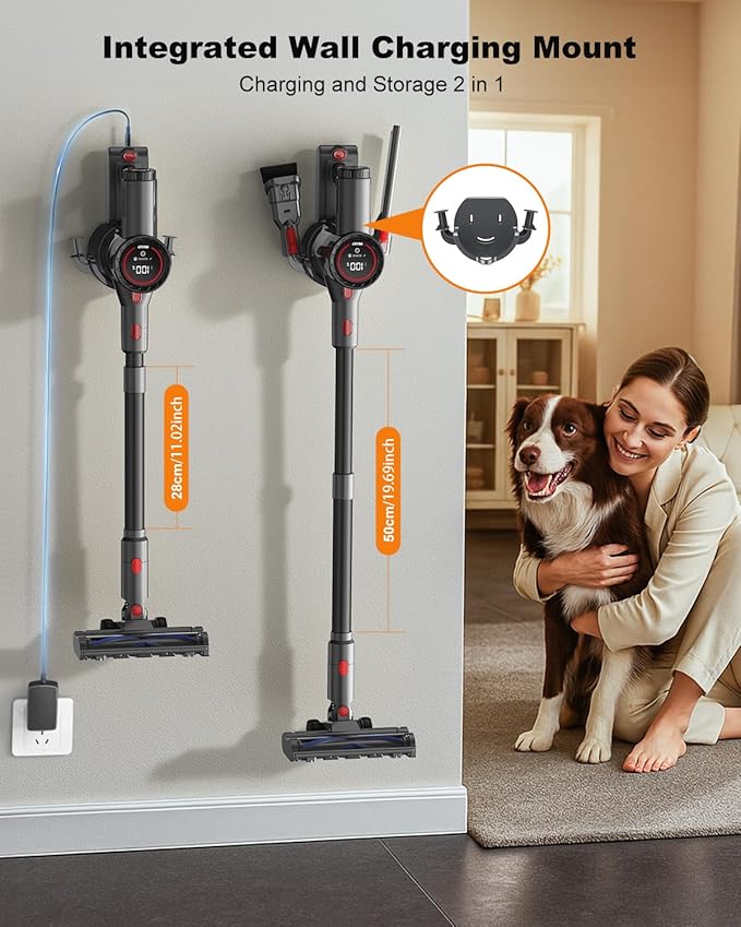 Cordless Vacuum Cleaner, 6-in-1 Lightweight Stick Vacuum with 45mins Runtime, LED Display & Light, Self-Standing, Rechargeable Cordless Vacuum for Carpet, Tile, Pet Hair, Hardwood Floors (Black)