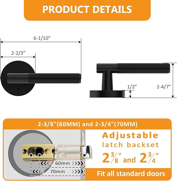 Amerdeco 8 Pack Matte Black Door Handles Interior, Knurled Privacy Door Handles with Lock,Heavy Duty Black Door Lever for Bedroom or Bathroom,Reversible Keyless for Left Right Handed Doors