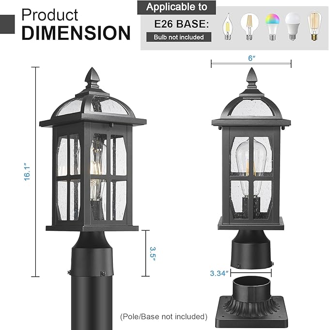 Darkaway Outdoor Post Lights Lamp Posts Outdoor Lighting, Waterproof Aluminum Post Lights Exterior Light Fixtures with Glass,Fence Pole Lights for Porch Yard Patio Garage