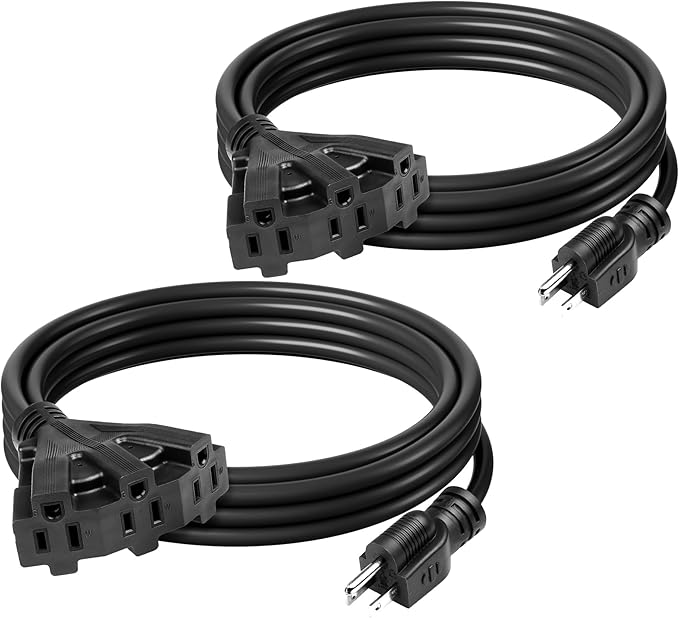 BN-Link's 2 Pack Outdoor Extension Cord Set is Ideal for Holiday Yard Decorations and Garden Equipment. with Three outlets You can Plug in Loads up to a Total of 13amps/1625watts. (Black, 10ft)
