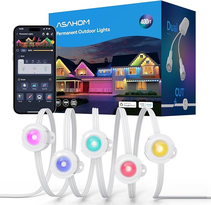 ASAHOM AI Permanent Outdoor Lights S107F, 400FT with 288 RGBCW LED Lights and Dual Output, 30,000 Lighting Effect Combination, IP67 Waterproof for House Halloween Christmas and Daily Decoration, White