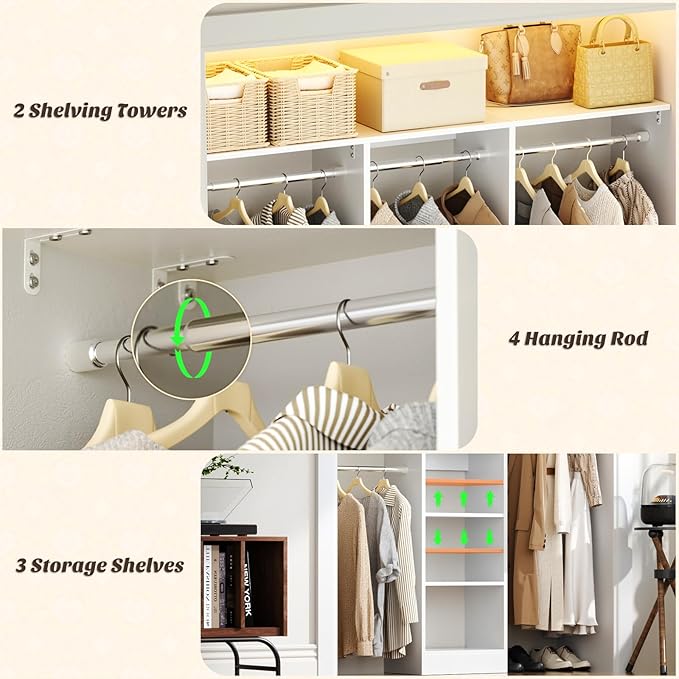 48" Small Closet Organizer, 4FT Closet System for Small Closets with 4 Hanging Rods & 3 Shelves, 80"H Small Closet Organizers and Storage for Bedrooms, Cloakrooms, White