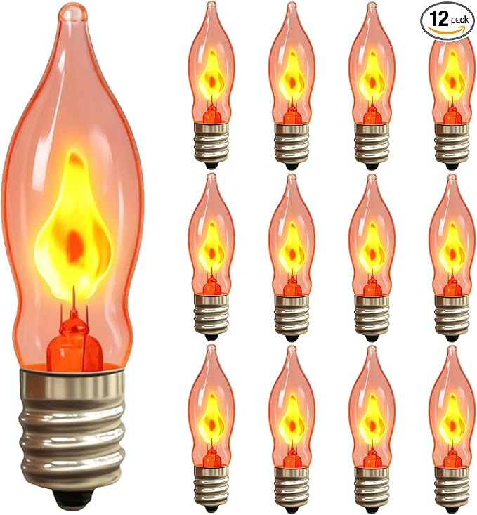 C18 Flickering Flame Light Bulbs, 1W C7 E12 Incandescent (12 Pack), UL Listed 2200K Orange — Candelabra Flicker Bulbs for Halloween Night Lights, Window Candles, Chandeliers, C7 Replacement