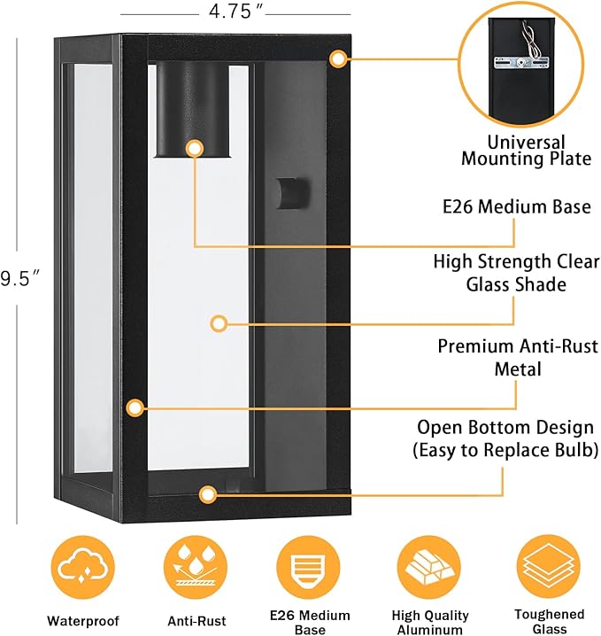 9.5'' Small Outdoor Exterior Wall Lights for House 2Pack, Waterproof Matte Black Outdoor Front Porch Lights with Tempered Glass, Outside Lighting Fixtures Garage Sconces Wall Mount, Bulb Not Included