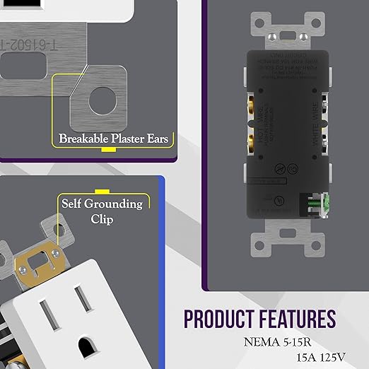 ENERLITES White Decorator Receptacle with Screwless Wall Plate, Standard Electrical Wall Outlet, 15A 125V, Self-Grounding, 2-Pole, 3-Wire, 5-15R, UL Listed, 61502-TR-WSID, Tamper Resistant