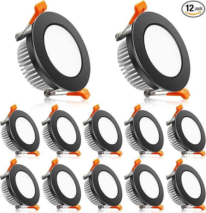 2 Inch LED Downlight, Recessed Lighting Dimmable Ceiling Light, 3W, 3000K Warm White, CRI80 with LED Driver(35W Halogen Equivalent), Black 12 Pack