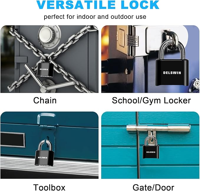 DELSWIN 4-Digit Combination Lock Outdoor Padlock - Heavy Duty Locker Lock with Hardened Steel Shackle, Waterproof Combo Lock for Gym Locker, Hasp Storage, Shed, Fence, Gate (Black,1Pcs)