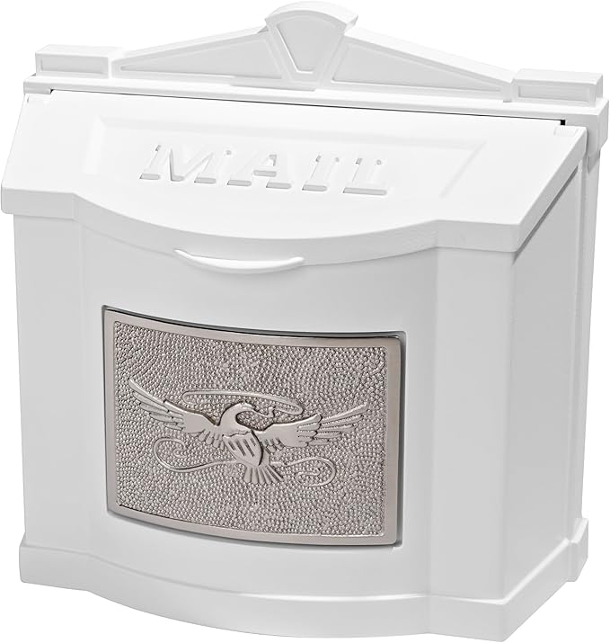 Gaines Wallmount Mailbox - Powder Coated Aluminum with Solid Brass Accents - Mounting Hardware Included (White with Satin Nickel Eagle)