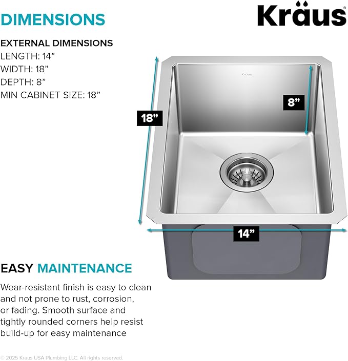 KRAUS Standart Pro 14 -inch Undermount Single Bowl 16 Gauge Stainless Steel Bar Kitchen Sink, KHU101-14