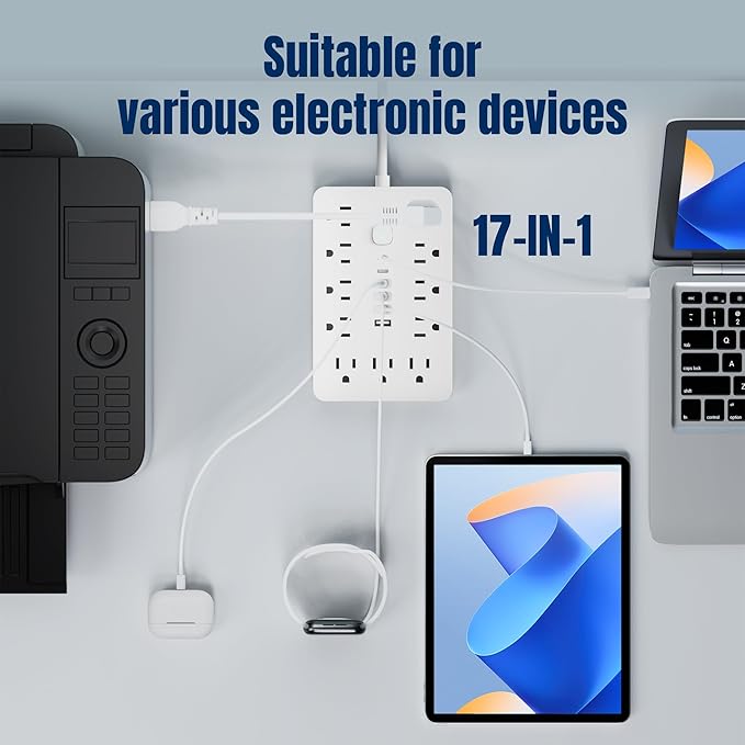 6 FT Flat Plug Surge Protector Power Strip,11 Multiple AC Outlets with 6 USB Ports (2 USB C), 6 Feet Extension Cord, 1250W/10A, One Touch Switch Button, 17 in 1 Compact powerstrip-White