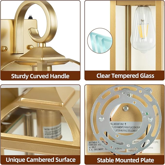 Dusk to Dawn Gold Porch Light 2-Pack 15 Inch, Aluminum Anti-Rust Large Outdoor Wall Lanterns with IP65 Waterproof Clear Glass Brass Outdoor Lights for House Photocell Patio Carriage Lights