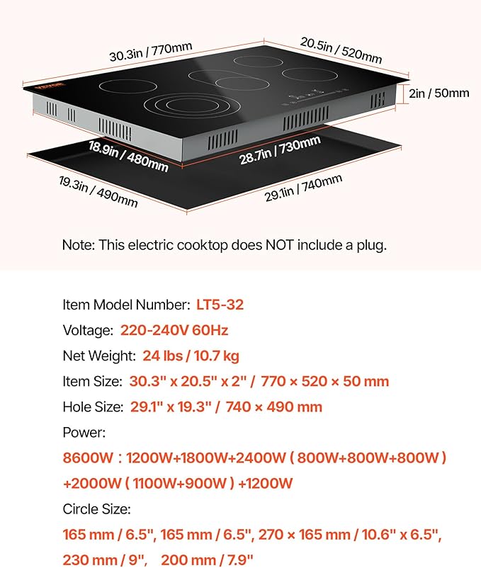 VEVOR Built in Electric Stove Top, 30 inch 4 Burners Ceramic Cooktop, 240V Glass Radiant Cooktop with Sensor Touch Control, Timer & Child Lock Included, 9 Power Levels for Simmer Steam Slow Cook Fry