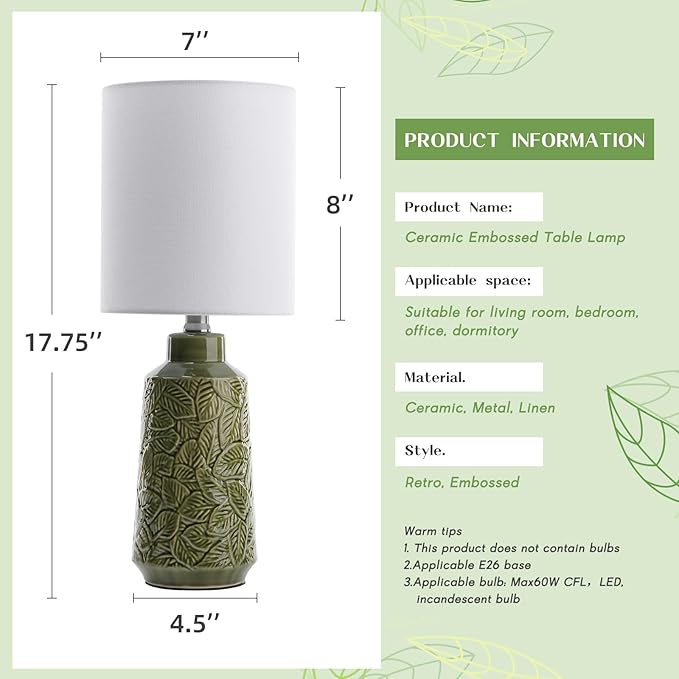 18” Ceramic Table Lamp Green Nightstand Pottery Lamp Single with White Shade Modern Bedside Desk Lamps with Leaf Pattern for Living Room Bedroom Farmhouse Dining Room Enterway