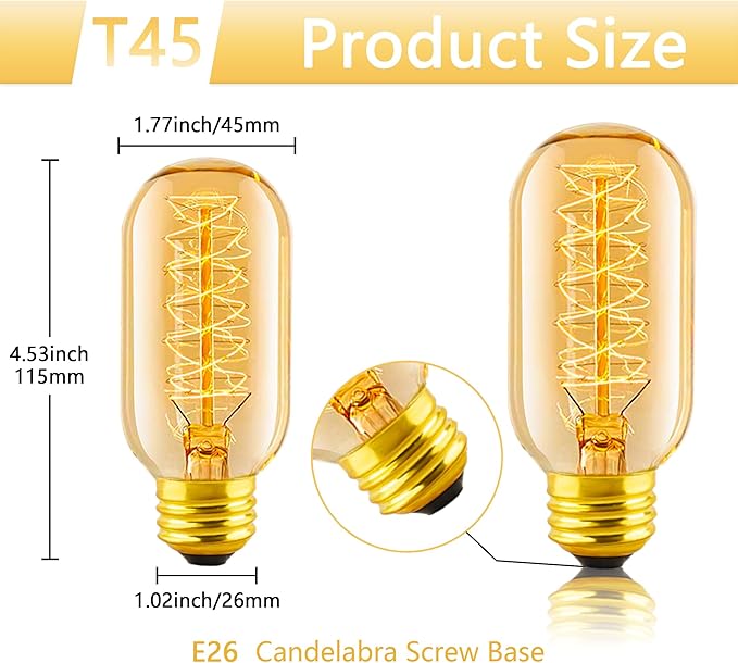 Edison Light Bulb 60w, 6 Pack Dimmable T45 Retro Bulb, 110v-130v, E26 Base Decorated Antique Filament Bulb, Amber Glass, 2200k Warm Yellow Incandescent Bulb, Used for Home Lighting
