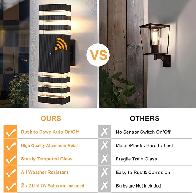 Dusk to Dawn Outdoor Wall Lights 2 Pack, IP65 Waterproof Modern Exterior Light Fixture, 3000K Warm White 3-Layer Up and Down Outdoor Wall Sconce for House Front Porch Garage