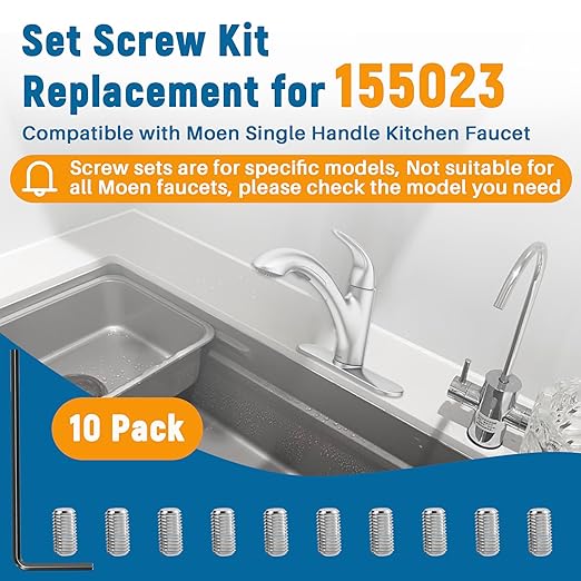 10-Pack 155023 Screw Kit Replacement for Moen | 304 Stainless Steel Set Screw Kit | Includes Wrench for Kitchen Faucet Handle Repair & Faucet Replacement Parts