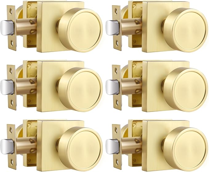 Haidms Gold Passage Door Knobs Interior, Zinc Alloy Brushed Gold Closet Door Knobs, Heavy Duty Round Brushed Brass Doorknobs for Hall Closet,Hallway(6 Pack)