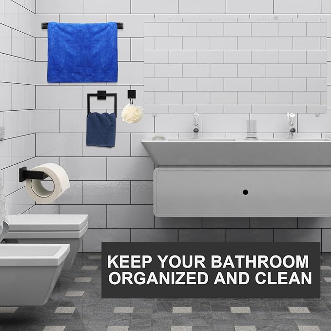 Gisafai 15 Pcs Bathroom Hardware Accessories Set 23.6 Inch Bath Towel Bar Kit Stainless Steel Bathroom Hardware Set Towel Racks Ring Hooks Paper Holder for Wall Mounted (Black)