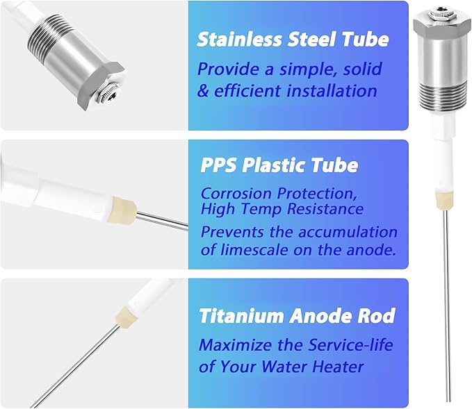 Podoy Powered Anode Rod for Hot Water Heater, Stops Corrosion and Eliminates Rotten Egg Smell for 30-80 Gallon Water Tank Except Bradford White, Titanium Electric Anode Rod Replacement Universal 9.4"