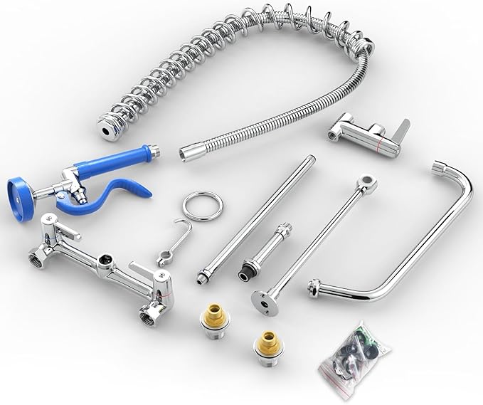 Commercial Faucet with Sprayer for Kitchen Cook : Akwadu Wall Mount Commercial Kitchen Faucet with Pull-Down Pre Rinse Sprayer 8" Center with 12" Add-On Spout - 36" Height Sink Faucets for Staff Chef