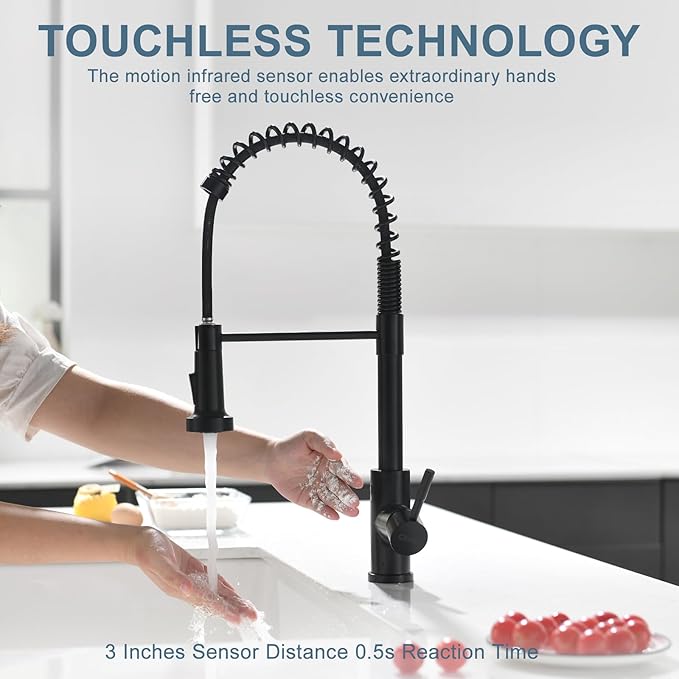 GIMILI Glossy Black Touchless Kitchen Faucets with Pull Down Sprayer Single Handle Spring Kitchen Faucet