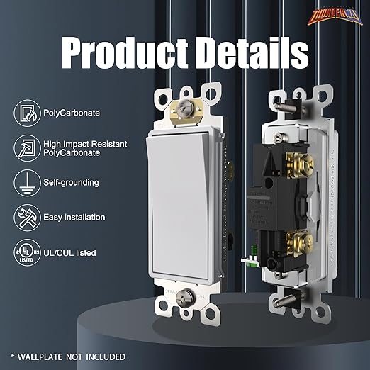 ThunderWay Single Pole Light Switch, Rocker Wall Light Switch, 15A 120/277V, Decorator On/Off Rocker Paddle Interrupter, UL Listed, White, 10 Pack