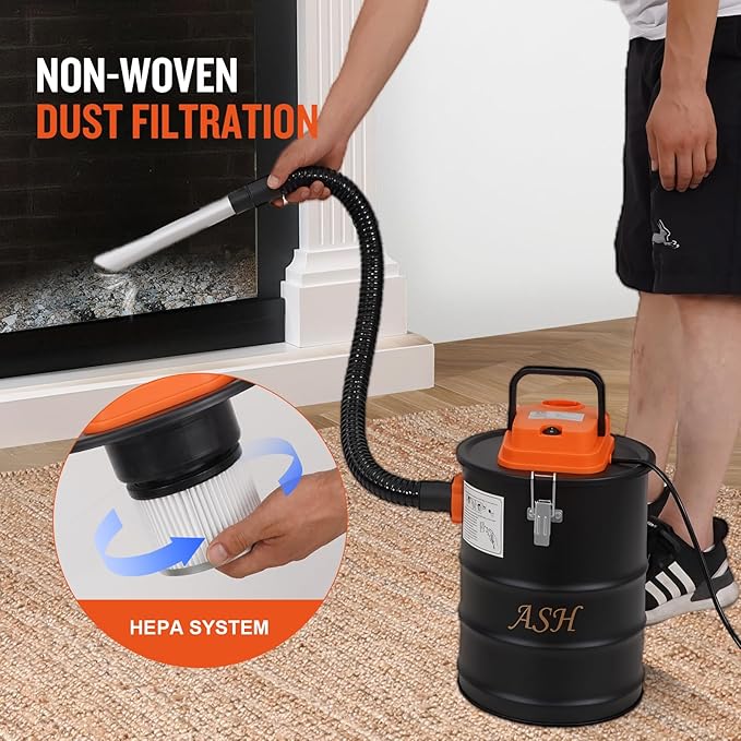 Ash Vacuum Cleaner -4 Gallon Fireplace Ash Vac with 800w Powerful Hose Non-Woven Dust Separator | Dry Stove Vacuum for Fireplaces Pellet Grill Wood Stove Fire Pits Orange