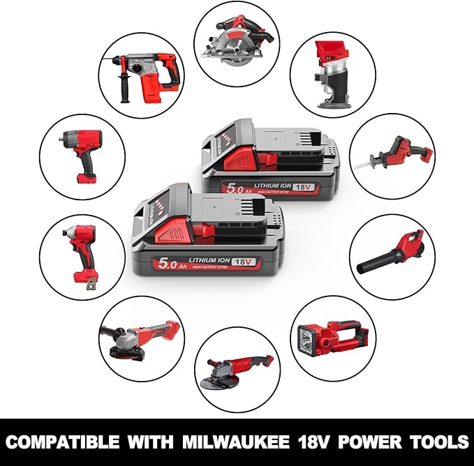 2 Packs 5.0Ah 18V Extended Capacity Battery Replacement for Milwaukee M18 Battery Lithium lon 48-11-1850,48-11-1852, Compatible with Milwaukee M18 Cordless Power Tools