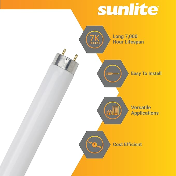 Sunlite F15T8/D 18-Inch T8 Linear Fluorescent Lamp, 15 Watts, 560 Lumens, 6500K Daylight, Medium G13 Bi-Pin Base, ROHS Compliant, 30 Pack