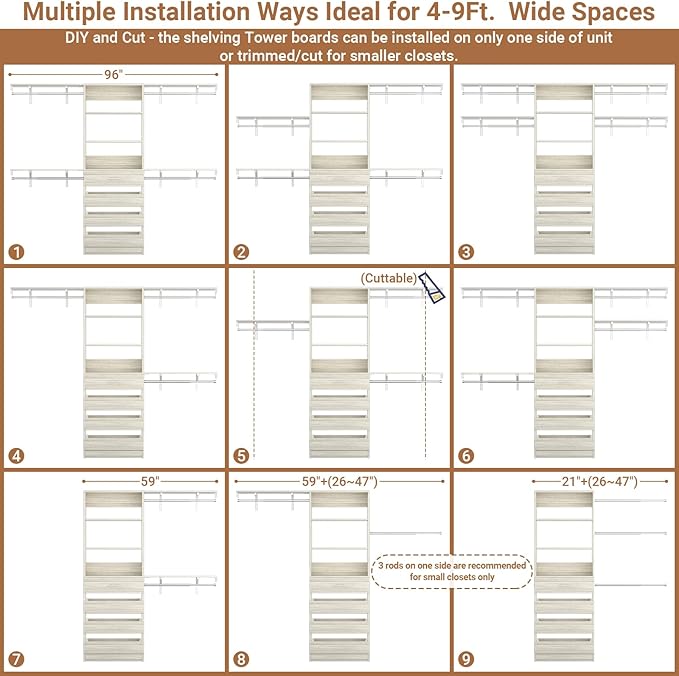 Aheaplus Closet System with Drawers, Wood Closet Organizer System with 4 Hanging Rods & Top Shelves, Walk-in Closets Organizer Wardrobe Clothes Rack, Cut Fits Spaces 4-9FT. Wide, White Oak