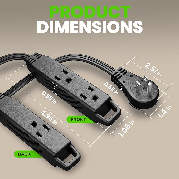 GEARit 360 Rotating Flat Plug Extension Cord (25ft, Black) Multi 3-Outlet Extension 16 AWG Wire, Adapter for Small Spaces, Right Angle Socket, ETL Certified - 25 Feet