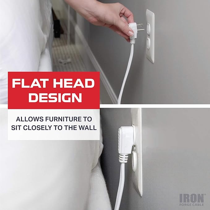 Iron Forge Cable 10 ft Flat Plug White Extension Cord with 3 Outlets - 16/3 SJTW 3 Prong Indoor Extension Cord with Multiple Outlets