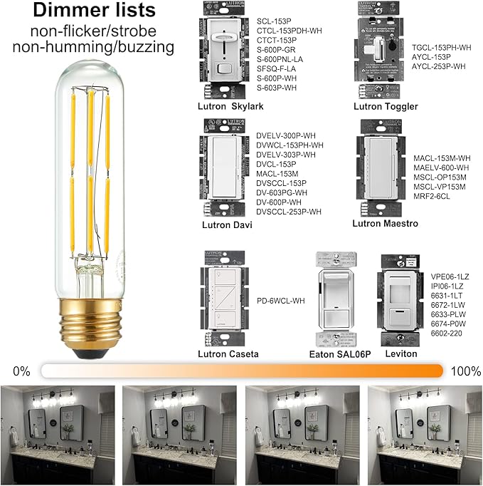LiteHistory Tubular Light Bulb 6W Equal E26 LED Bulb 60 Watt dimmable Neutral White 4000K E26 Edison Bulb AC120V 600lm T9 T10 LED Bulb for Rustic Pendant,Island,Chandeliers,Wall sconces Pack of 6