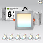 ASD 6 Pack LED Square Recessed Lighting 6 Inch, 5 CCT 2700K-5000K, 15W 60W Eqv, Ultra Thin Dimmable Ceiling Lights with J Box, Canless Wafer Downlight, Slim Panel Light, UL Energy Star, Brushed Nickel