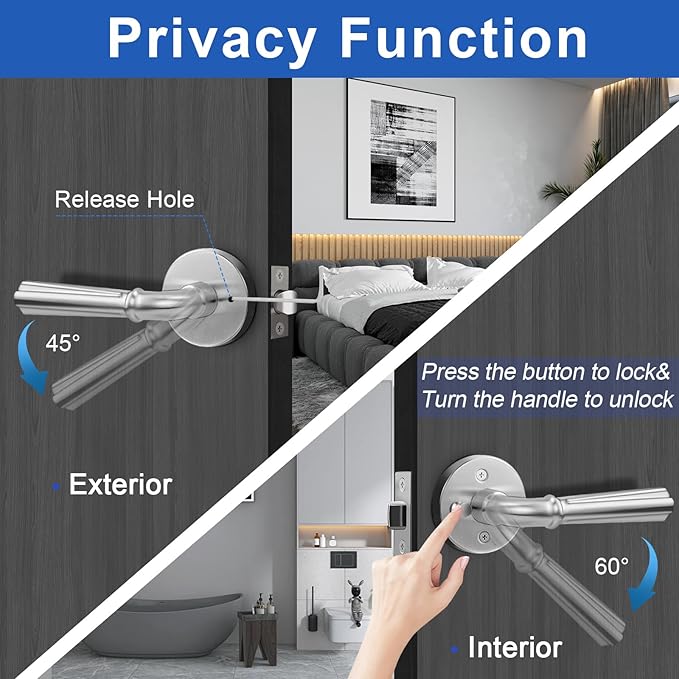 Orger 6 Pack Satin Nickel Privacy Door Lever Interior Door Handle with Lock, Keyless Bed Bath Door Handle Round Door Lever Reversible for Left & Right, Modern Privacy Door Lock Stainless Steel