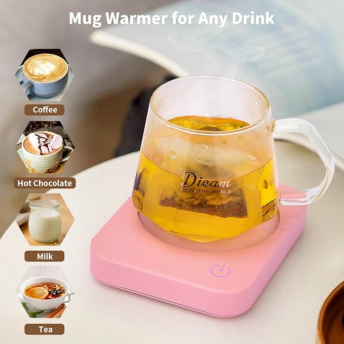 VOBAGA Coffee Mug Warmer with 4 Hours Auto Shut-Off, Coffee Warmer Plate for Office Home Desk Use with 3 Temperature Settings, Electric Cup Warmer for Cocoa,Tea, Milk, Water, for Gifts, Pink (No Cup)
