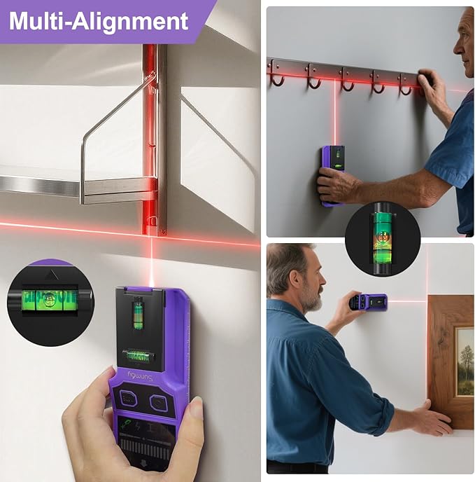 SUNMAY Stud Finder Wall Scanner - 7 in 1 Stud Detector Center Finder for Wood Metal AC Wire Joist Pipe Detection, Electronic Stud Sensor with Laser Level, LCD Display, Bubble Level & Ruler